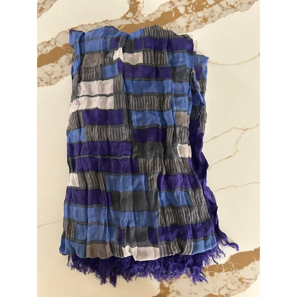 Banana Republic Silk Wool Scarf Purple Blue Geometric Crinkle Fringe Wrap Shawl